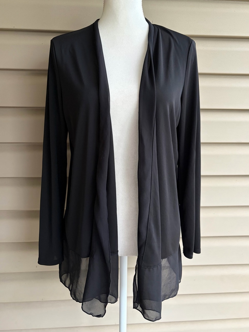 •Chico's Easywear• Black Open Front Chiffon Trim Knit Cardigan - Size Medium